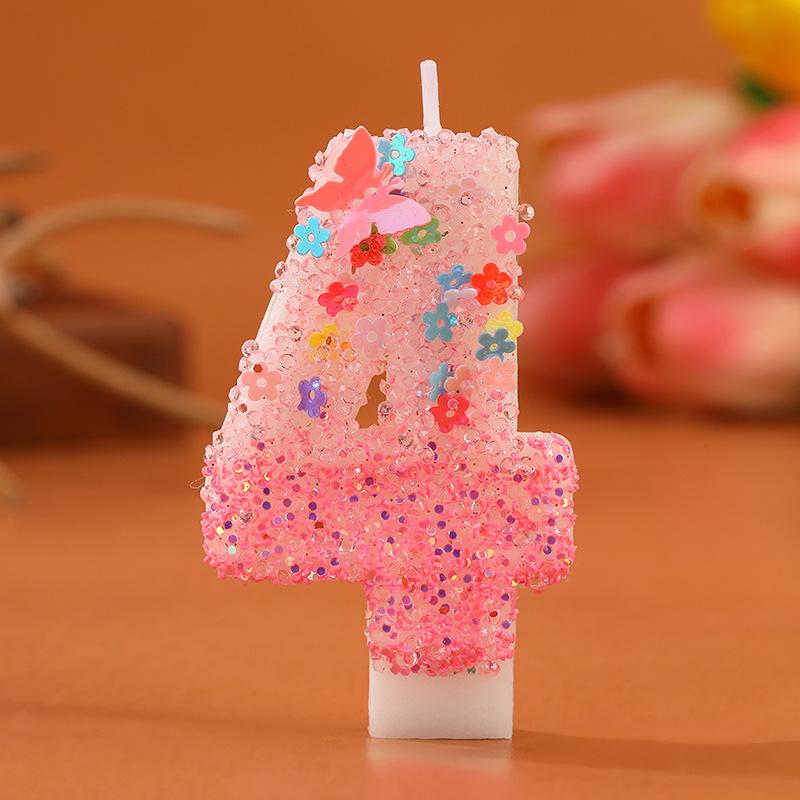 Romantische rosa Farbverlauf-Zahlenkerze mit Schmetterling und Blumen-Glitzer für Geburtstags-Kuchendekorationen