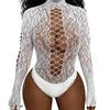 Women Rhinestones Fishnet 3/4 Sleeve Bodysuit Sparkling Mesh Cold Shoulder Lingerie Jumpsuit Top Rave Party Outfits