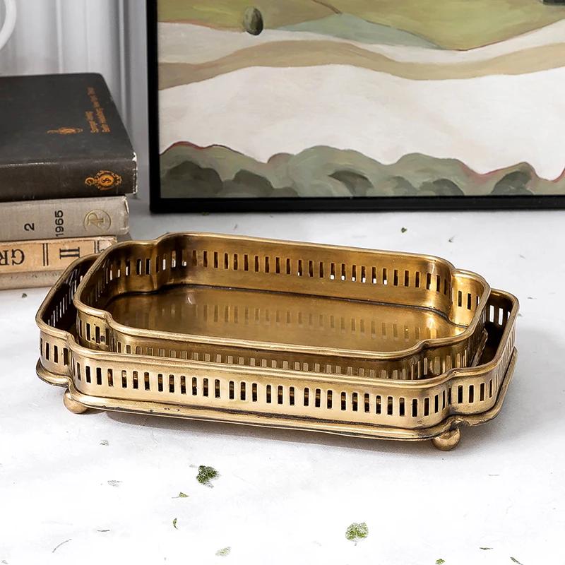 European Style Brass Serving Tray Retro Imported Home Tea Dish Organizer for Entryway Key Jewelry Washroom