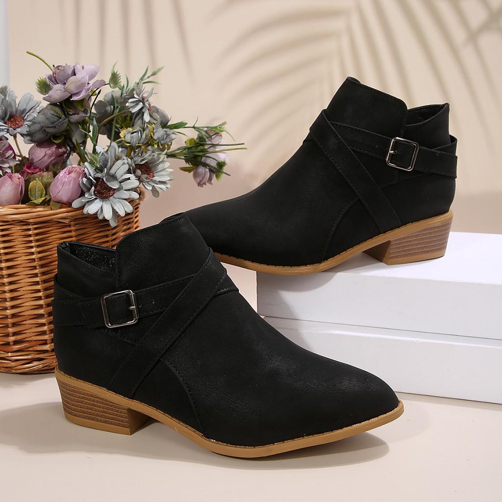 Neue Chelsea Boots in Übergröße mit spitzer Zehenpartie - Damen Stiefeletten mit Kreuzriemen, Seitenreißverschluss und mittelhohem Absatz