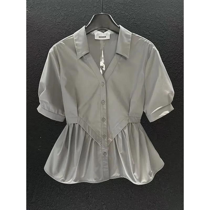 

Designer Style Shirt Spring New Style Pinch Pleated Fashionable Design Waist Short Sleeves S сірий колір