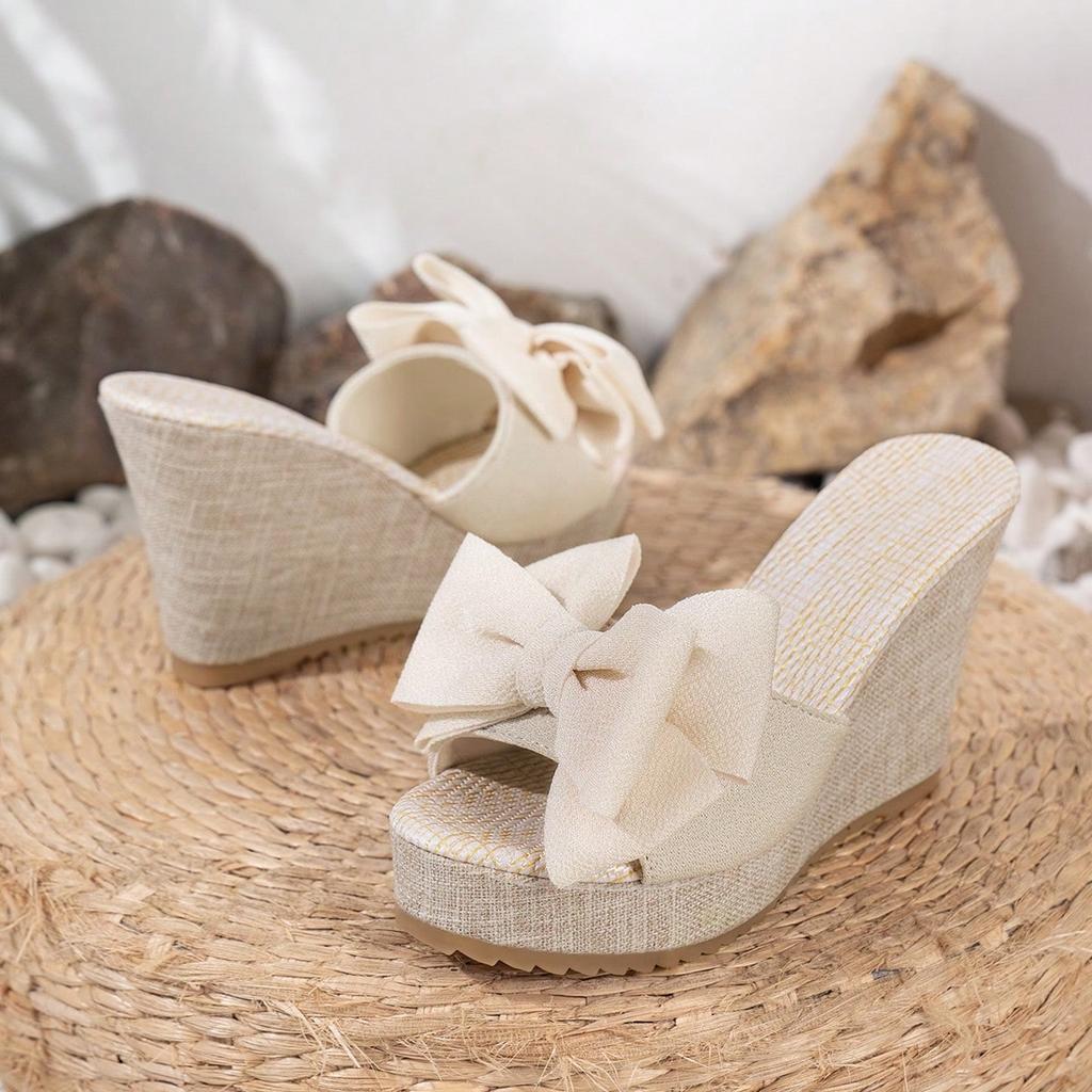 Fashion Heel Bow Summer Slippers Comfortable and Elegant Thick-soled Women's Shoes Large Size Sweet Women's High-heeled Slippers Slope