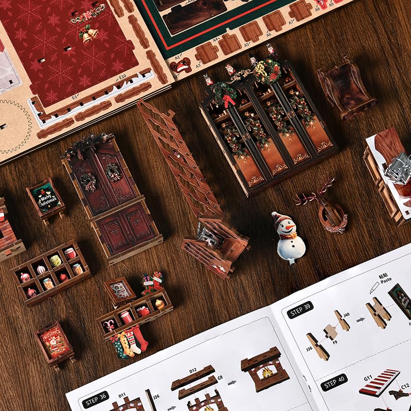 Tecnock 3D Book Nook Christmas Shop DIY Miniature Dollhouse Kit with LED Handmade Craft Wooden Assembly Fun for Parents and Detailed Interior Popular