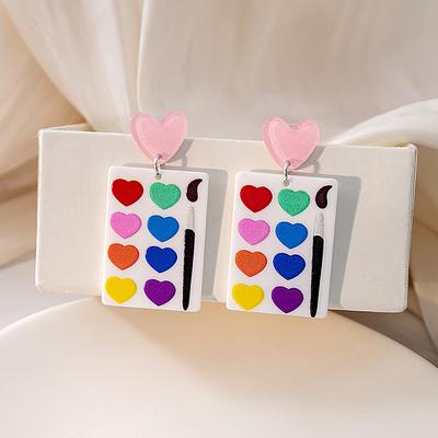 Needle Acrylic Heart Earrings With Paint Design, Sweet And Colorful Heart Earrings For Women