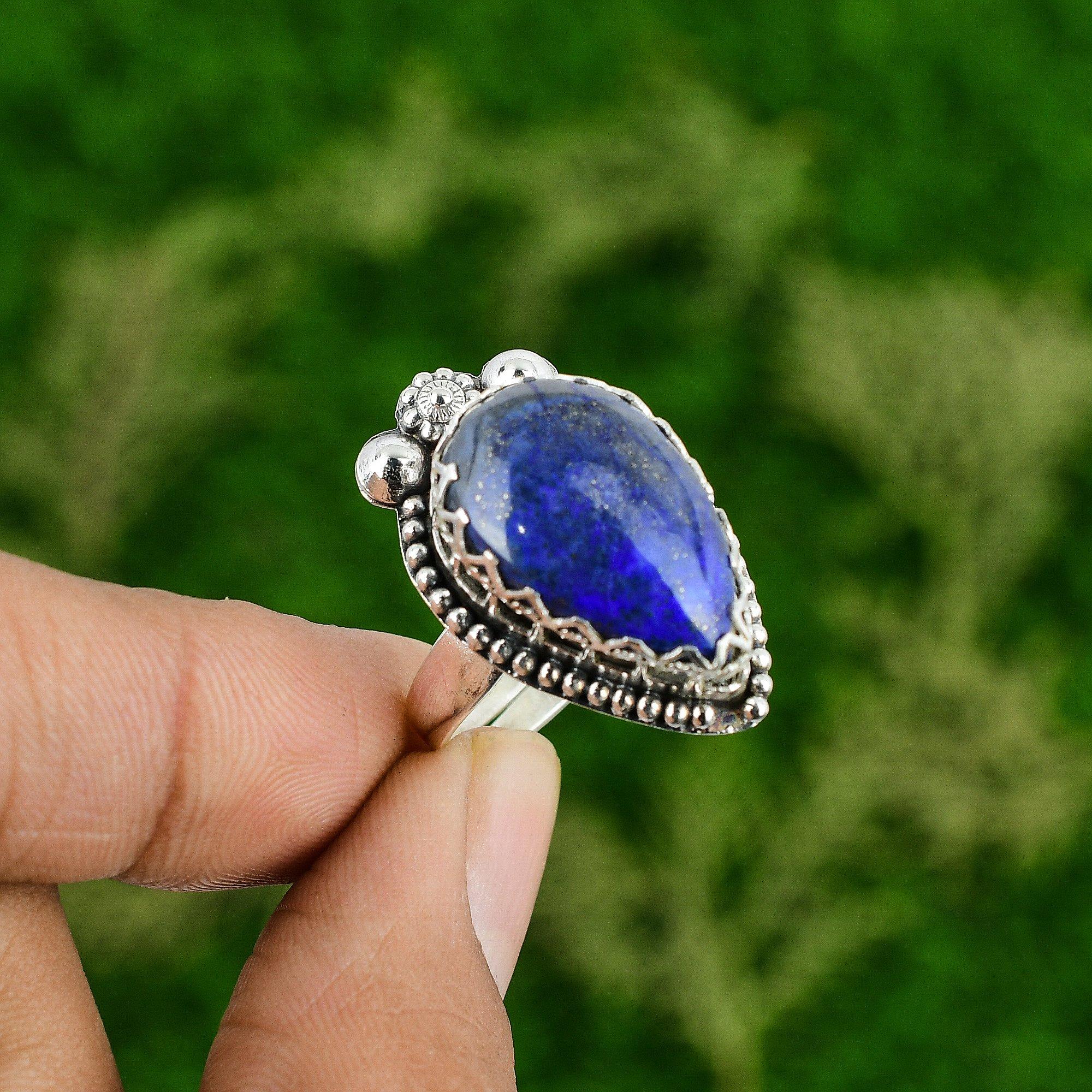

Natural Lapis Lazuli Gemstone 925 Silver Statement Adjustable Ring For Women Adjustable