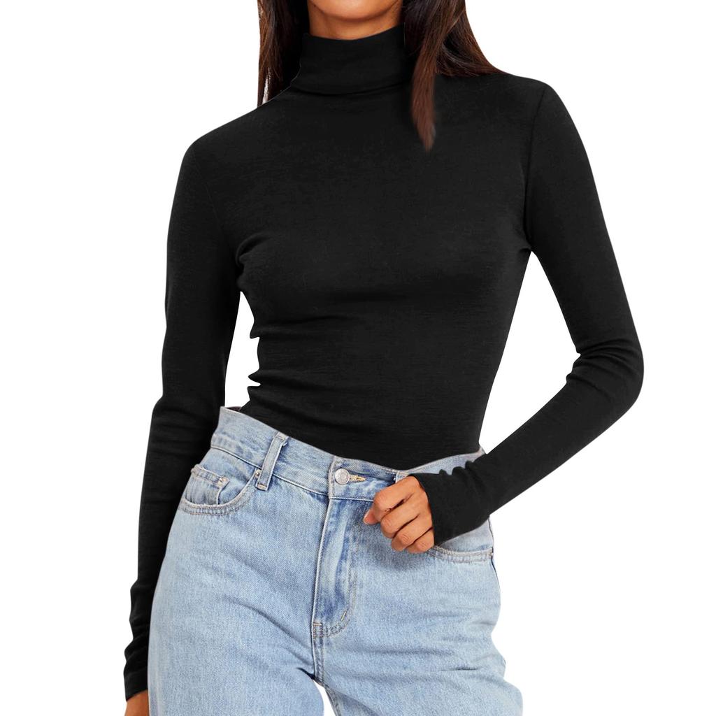 Women's Turtleneck Long Sleeve Shirts Solid Color Fall Fashion Basic Slim Fit Soft Thermal Tops