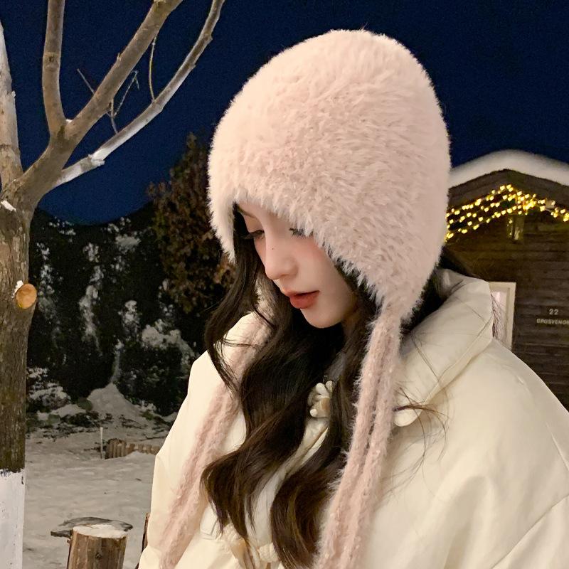 Plush Hat Women'S Season Can Be Lazy Wind Thickened Wool Hat Big Head Circumference Cold-Proof Ear Protection Hat Warm Knitted Hat