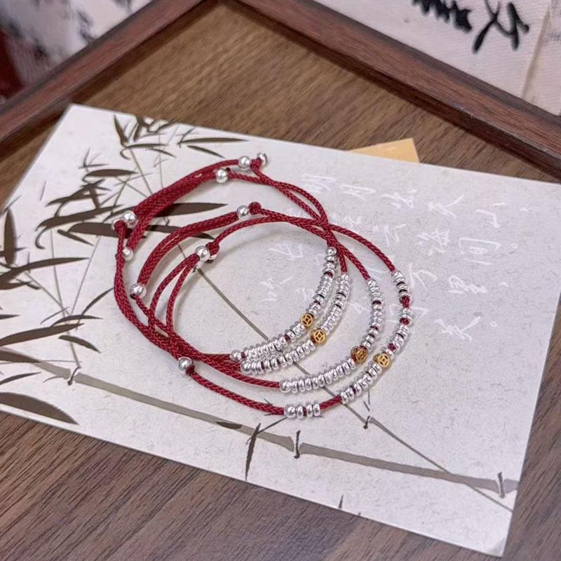 Chinese Style Red Rope Sterling Silver & Gold Coin Bracelet for Women - Elegant Niche Design