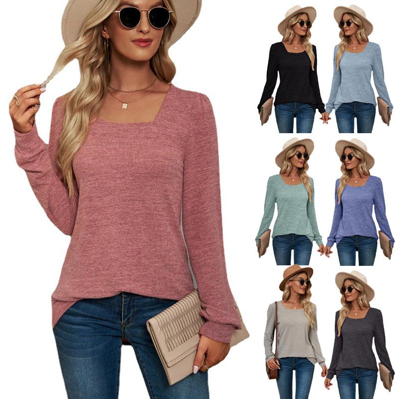Autumn and Winter Popular T-shirt Solid Color U-neck Wrinkled Long-sleeved Casual Puff Sleeve Bottoming Shirt