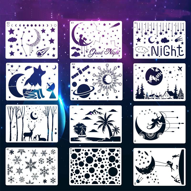 12pcs, Creative, Romantic Starry Sky, Hollowed Out Painting Template, DIY Decoration, Wall Painting, Spray Painting, Imitation Board, Graffiti Rubbing