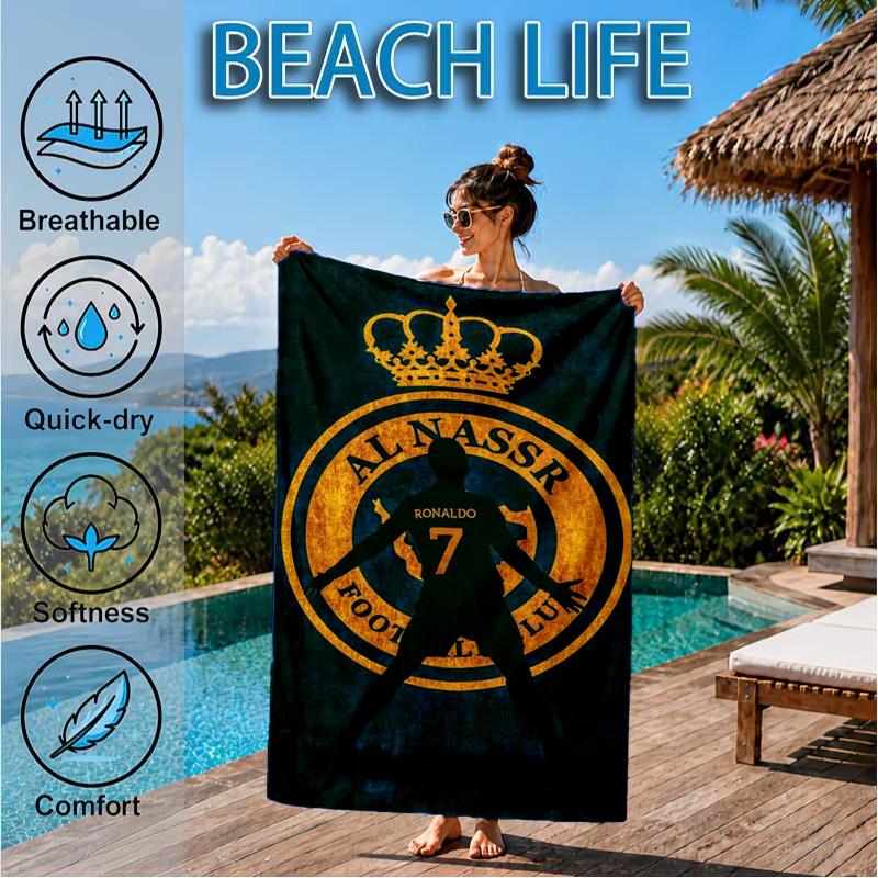 Asciugamano da Spiaggia in Microfibra Stampato con Stemma del Club di Calcio Nassr, Morbido e Assorbente, Asciugatura Rapida, Ideale per Viaggi Estivi, Essenziale per la Spiaggia, Piscina