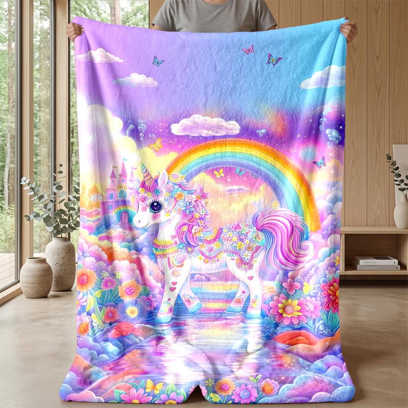Fantasy Unicorn Rainbow Theme Blanket Lightweight Warm Flannel Blanket Decorative Throw Blanket for Home Decoration