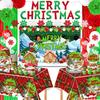 Christmas Themed Party Decor Banners Tablecloths Paper Plates Cups Balloons Set Checkered Christmas Santa Claus Reindeer Snowmen