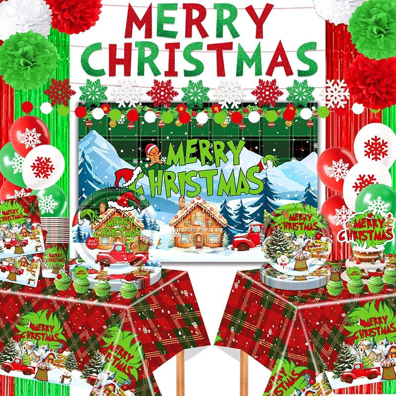 Christmas Themed Party Decor Banners Tablecloths Paper Plates Cups Balloons Set Checkered Christmas Santa Claus Reindeer Snowmen