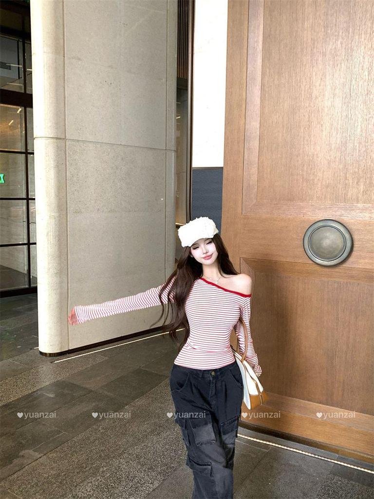 Koreański Jednoramienny Pasiasty Długi Rękaw Dopasowany Codzienny Damski Top