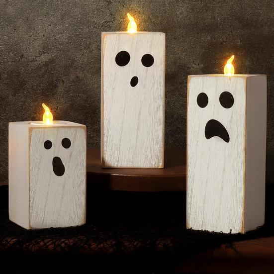 3 Pcs Ghost Candle Light Holders Flameless Candles with Spooky Candle Holders Halloween Tealight Candle Holders for Table Centerpiece Dining