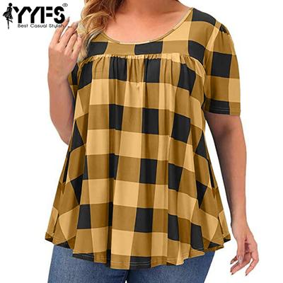 Women's Fashion Casual Summer Spring Plaid Print Short Sleeve O-Neck Blouses & Shirts