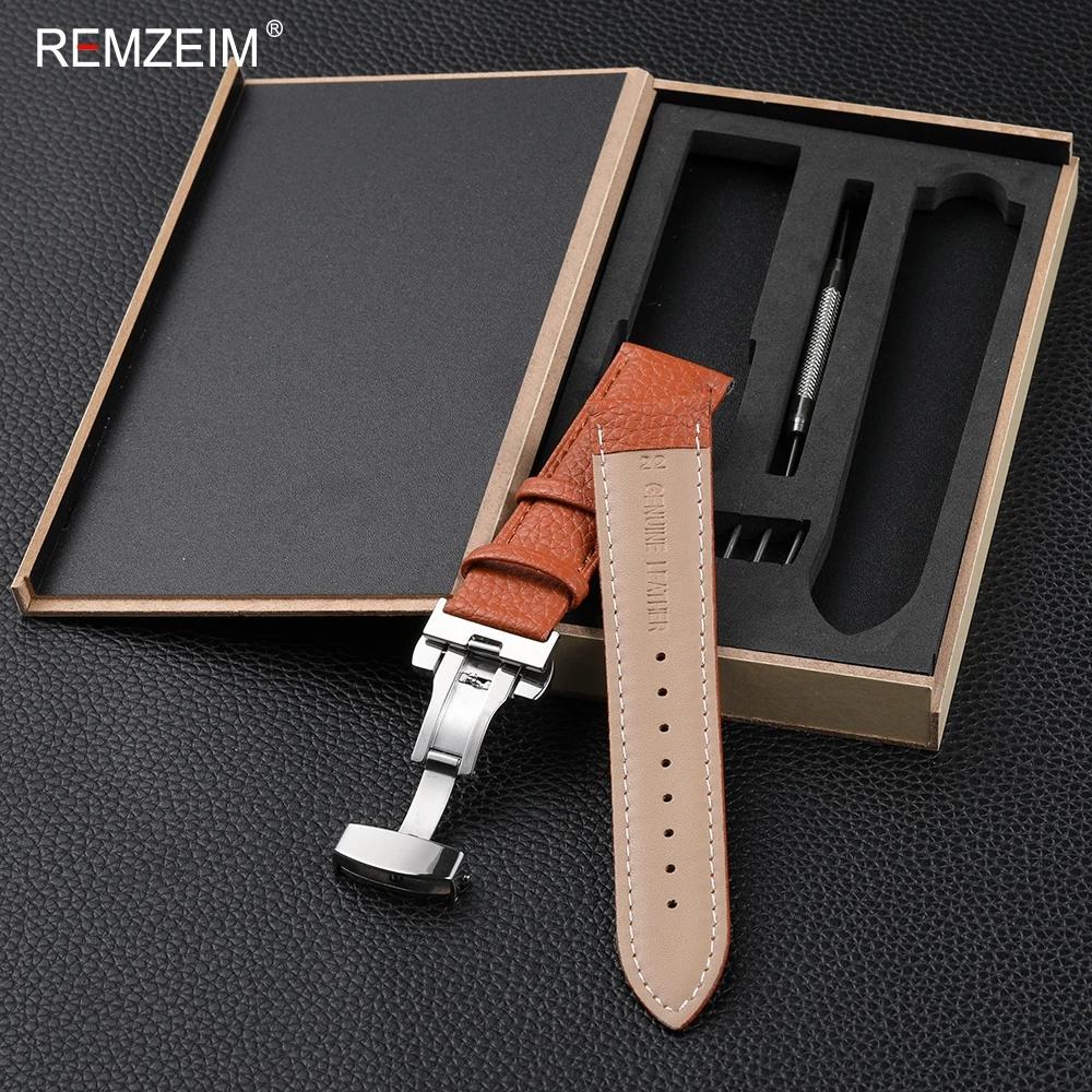 Litchi Pattern Design Leather Wrist Band 18mm 20mm 22mm Men Women Strap with Butterfly Buckle Gift Box Packaging Watchband