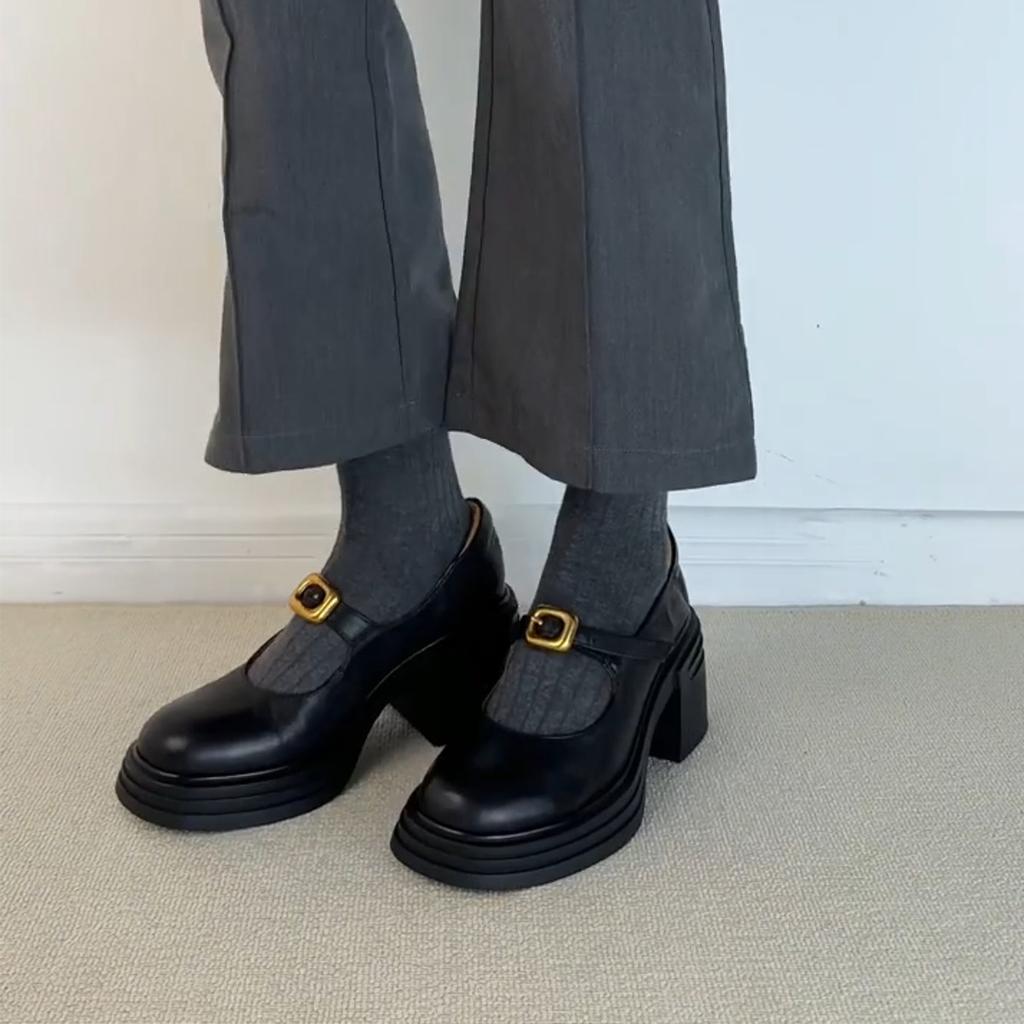 Małe uniwersalne buty na podwyższeniu dla dojeżdżających pojedyncze buty damskie retro słowo z grubą podeszwą okrągły nosek małe skórzane buty