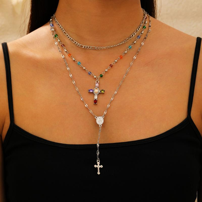 Cross Pendant Tassel Necklace Alloy Chain Layered Crystal Accent Gothic Collarbone Jewelry Unisex Gothic Style Religious Gift