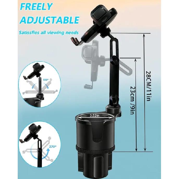 Cup Phone Holder for Car, 2 in 1 Height-Adjustable Dual Cell Phone Holders Car Cupholder Mount, Fit Large Bottle & All Cellphone