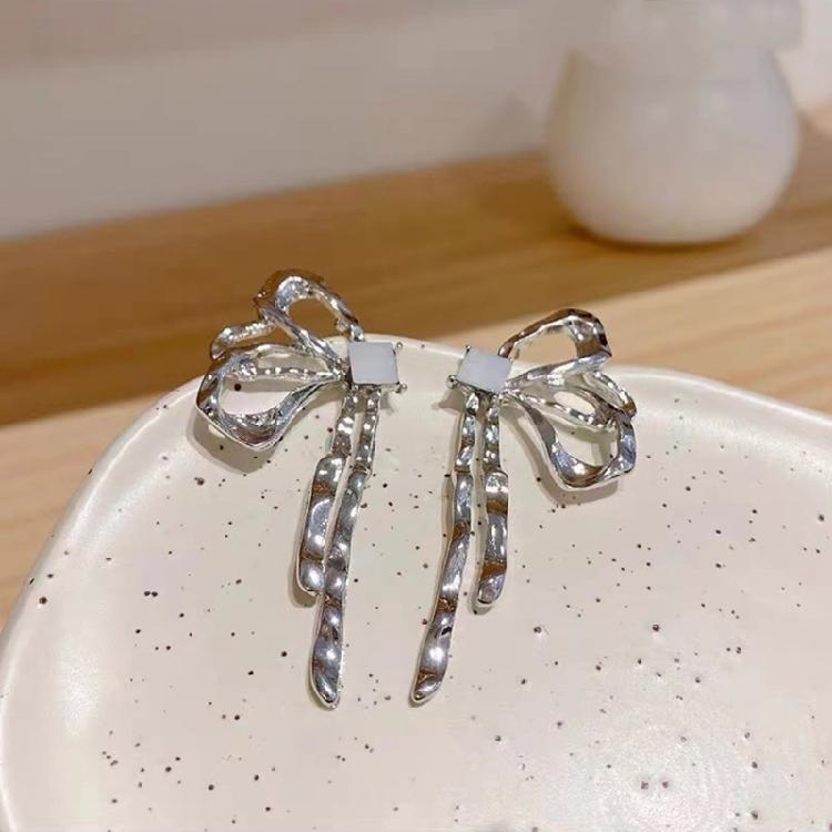 Silver Color Bowknot Drop Earrings for Women Girls Korean Hollow Bow Ear Studs