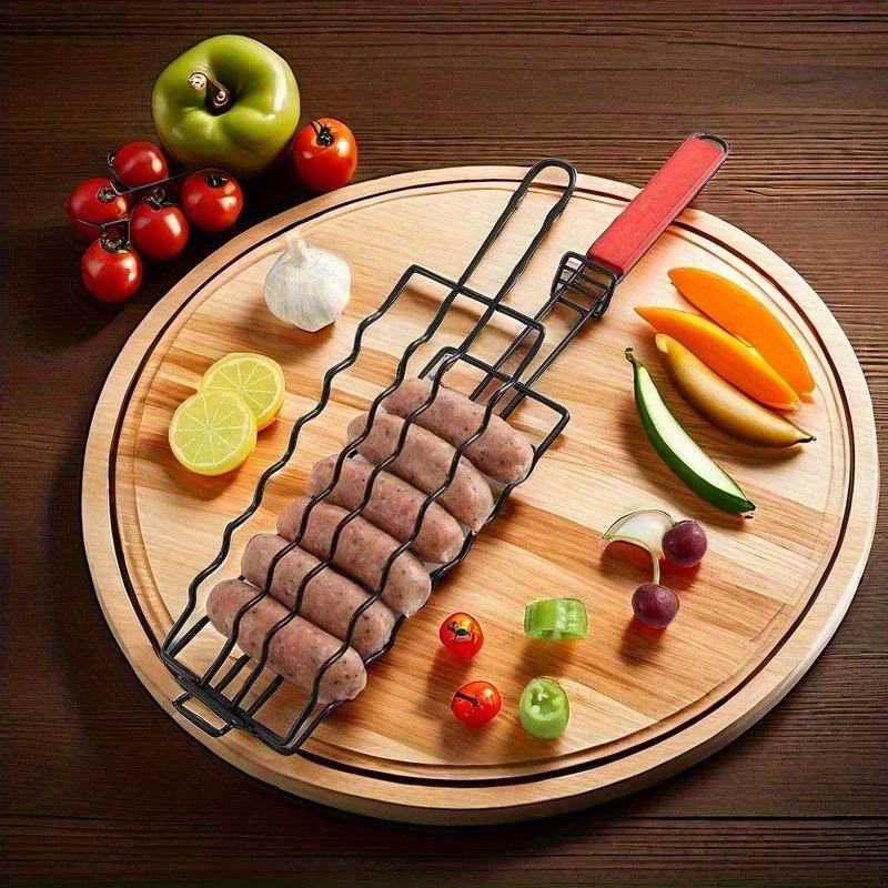 1pc Removable Hot Dog Grill With Wooden Handle Sausage Grill Cage Grill Basket Grill Accessories Portable Outdoor Bbq Rack