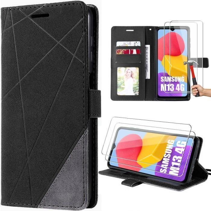 Coque pour Samsung Galaxy M13 + 2 Verres Trempés, Protection Effet Cuir Noir Housse Rabat