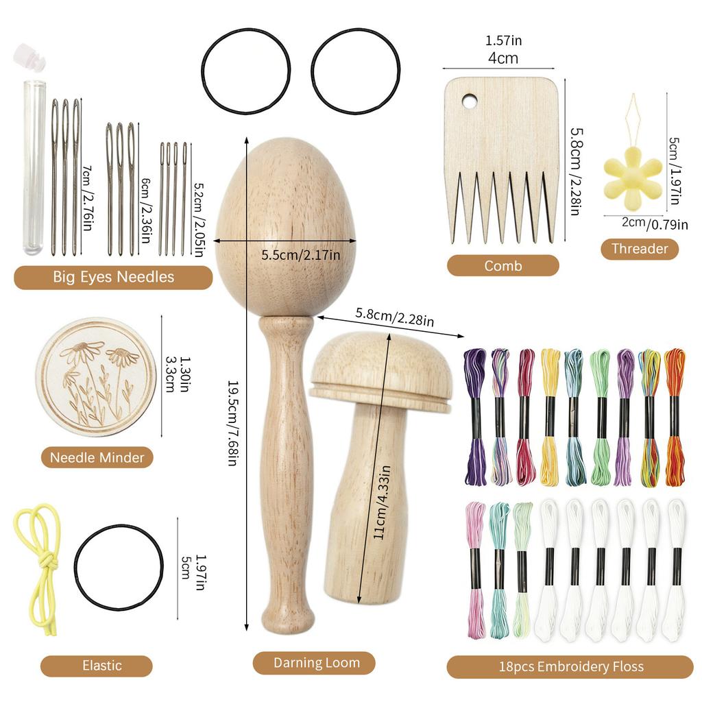 Wooden Darning Mushroom and Eggs Shape Mending Tool Set with Large Eye Needle and Multicolor Threads for Sewing Repair