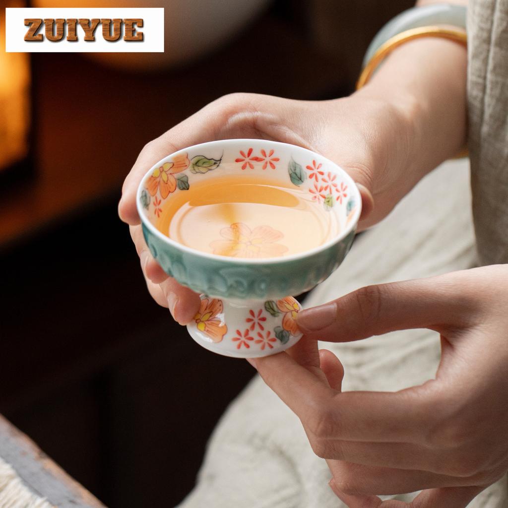 80ml Hand-painted Flowers High Foot Teacup Creative Tea Bowl Tea Cup Set Tea-tasting Meditation Cup Chazhan Master Cups Tea Set