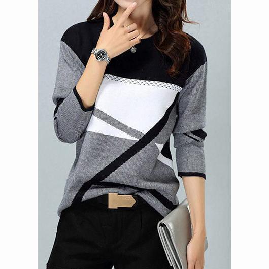 Women's T Shirts Geometric Contrast Print Female Loose Long Sleeve Elegant Harajuku O Neck T Shirts Lady Autumn Winter