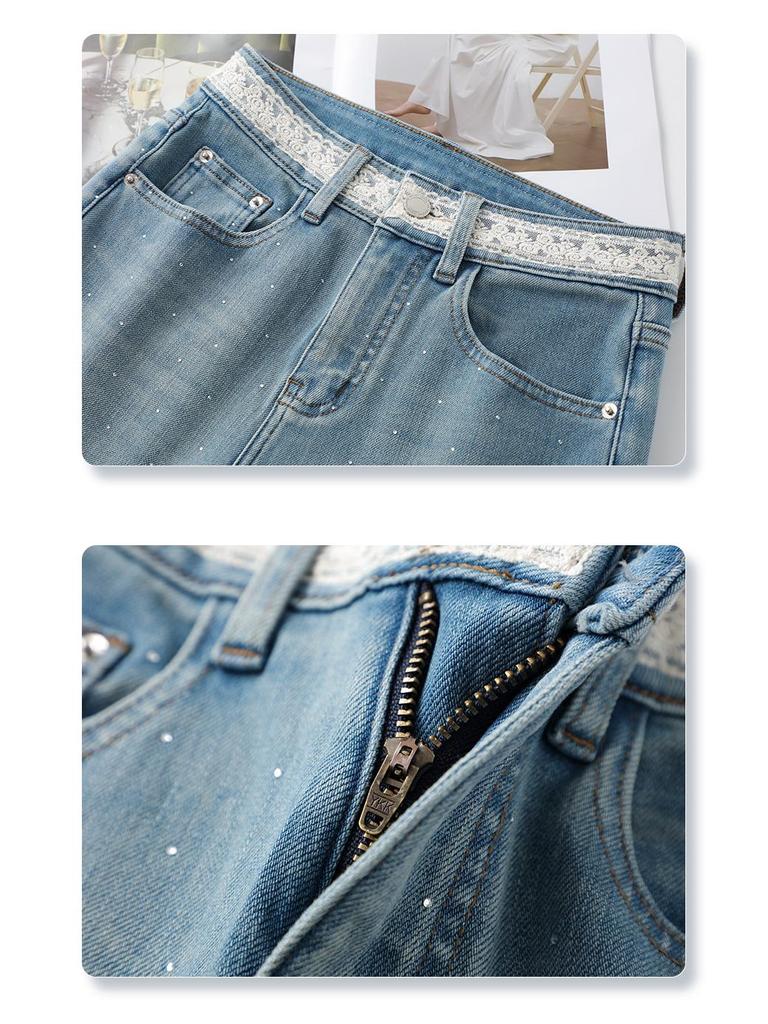 Women's High-Waist Light Color Flare Jeans with Lace Stitching - 2025 Spring/Summer Trend