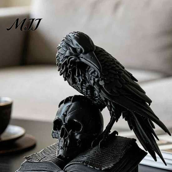Statua Teschio Corvo Nero Statua, Statuetta Corvo Gotico Stampata 3D per Scrivania Ornamento Desktop Estetica Oscura Mensola, Arte Spettrale di Halloween