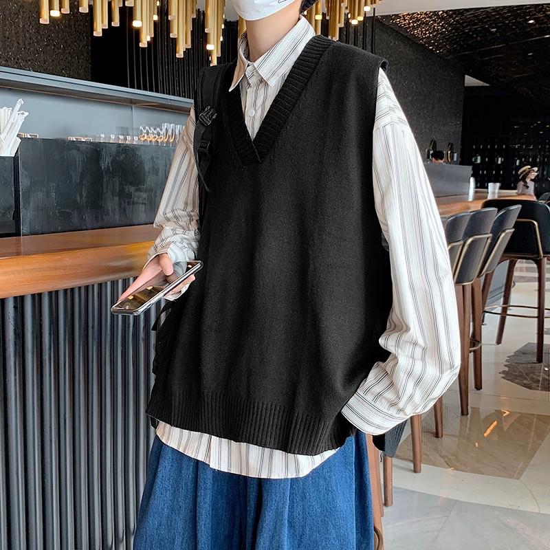 DK Unisex V-Neck Knit Sweater Vest - Hong Kong Street Style, Spring/Autumn, Sleeveless, Loose Fit, Korean Influence