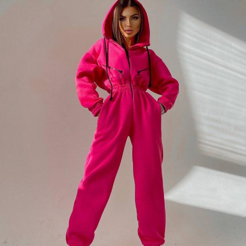 Sports and Leisure Women's Zipper Decoration Hooded Jumpsuit One-piece Suit
