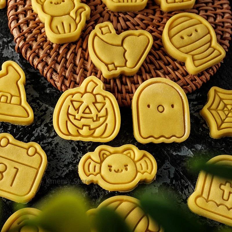 Halloween Cookie Cutter Set Plastic 3D Ghost Skull Bat Pumpkin Mummy Cartoon Biscuit Mold Stamp Pastry DIY Cake Decorating Tools