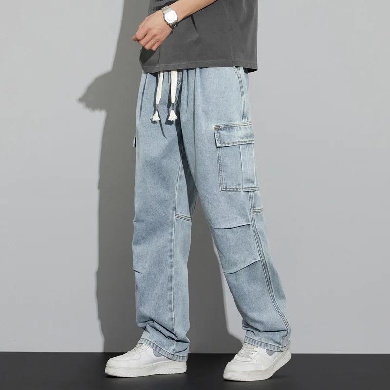

2026 Summer Men Retro Pleated Work Jeans Men Vintage Hole Jeans Men Solid Color Cotton Wide Leg Pants Men Streetwear Trousers 5XL светло-синий