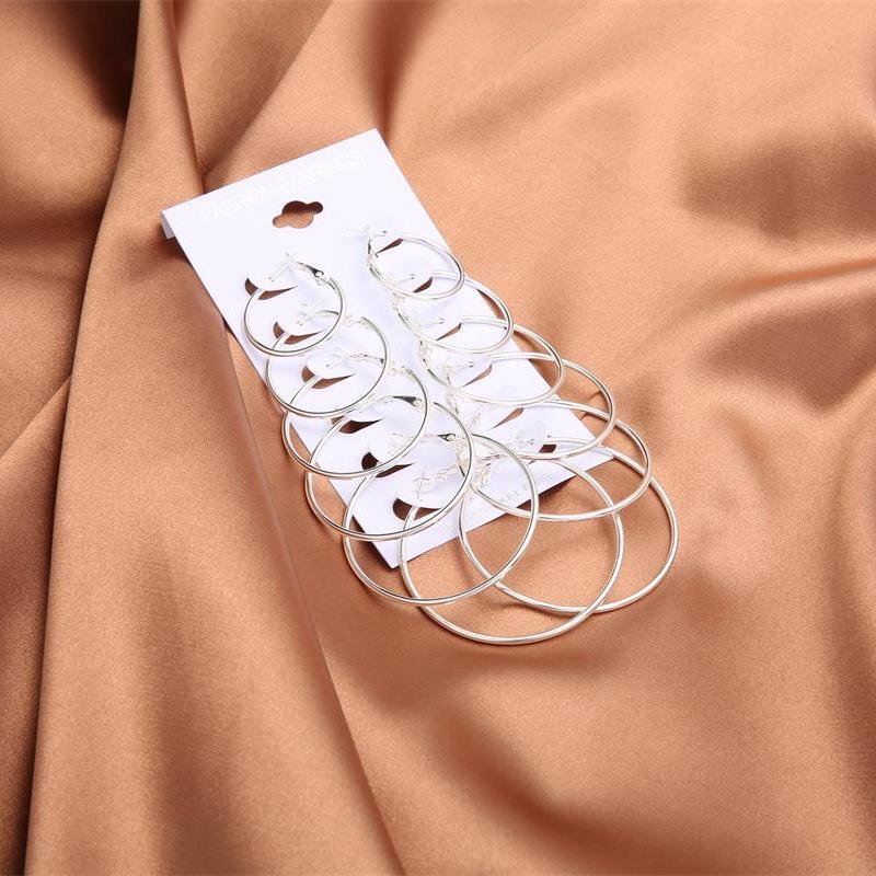 

Корейский модный комплект сережек-кругов разных цветов - 6 пар серебряный