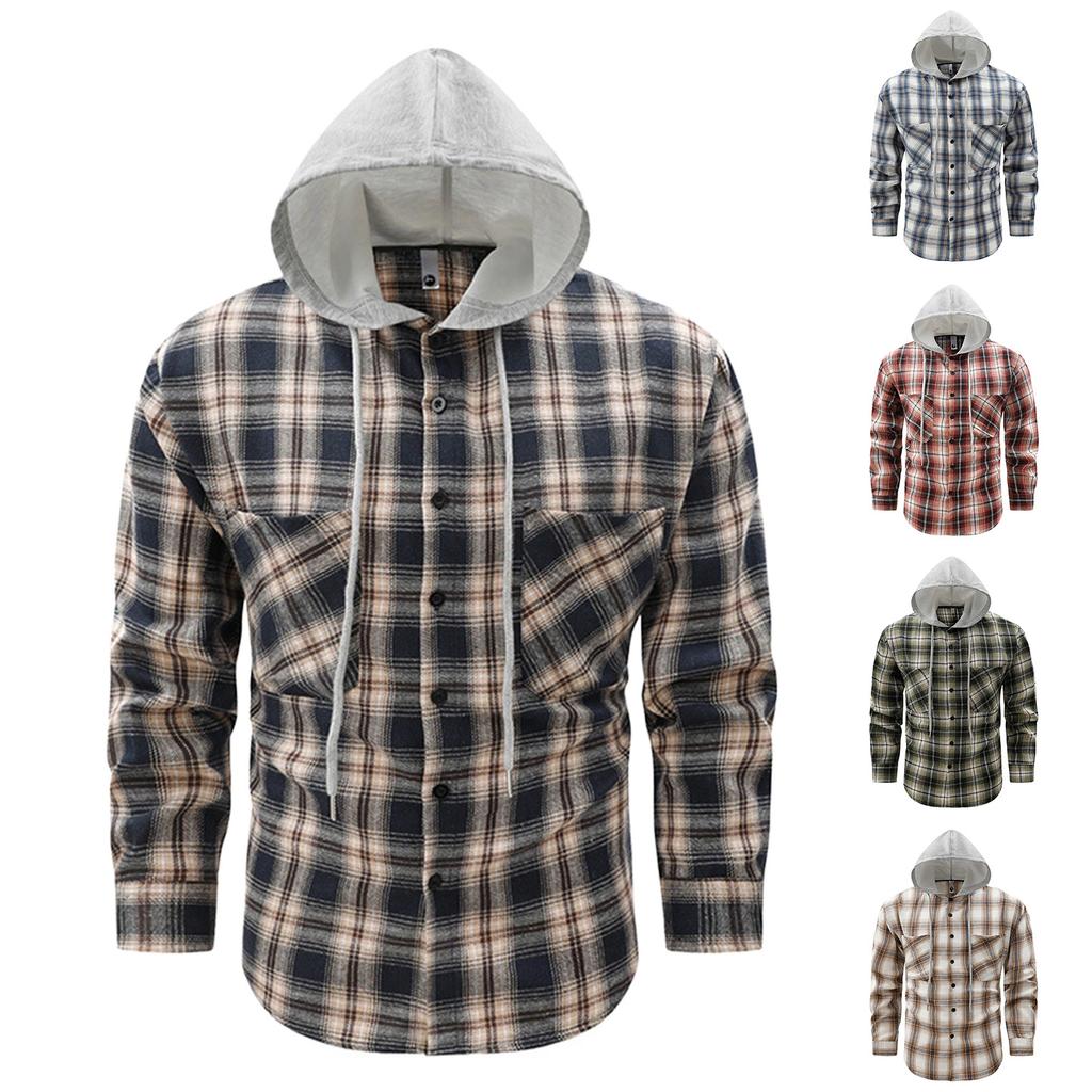 Herren Flanell Karo Kapuzen Knopfleiste Hemd Jacke Freizeit Langarm Oberbekleidung