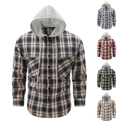 Herren Flanell Karo Kapuzen Knopfleiste Hemd Jacke Freizeit Langarm Oberbekleidung