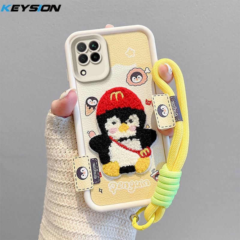 KEYSION Cartoon Cute Plush Embroidery Case for Samsung A12 with Lanyard Soft Silicone Shockproof Phone Back Cover for Galaxy M12
