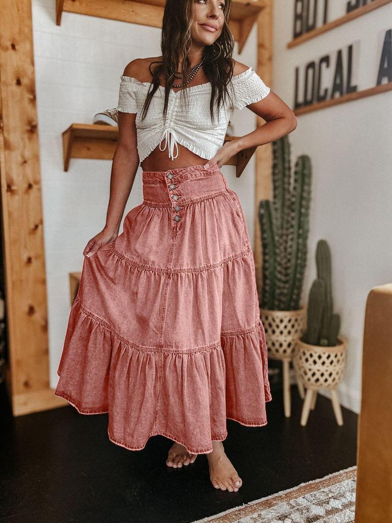 Bohemian A-line vrstvená džínová midi sukně k 25. výročí