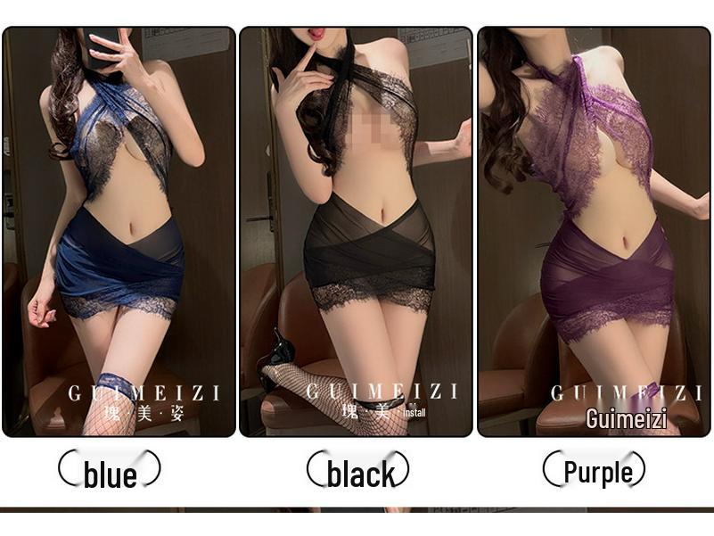 Guimeizi Sheer Lace Bodycon Lingerie Dress - Halter Neck Secretary Style