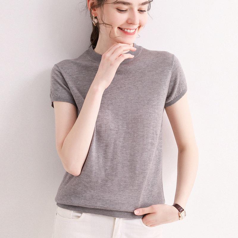 Spring/Summer Lightweight Breathable Women's Solid Color 3/4 Sleeve Knit T-shirt