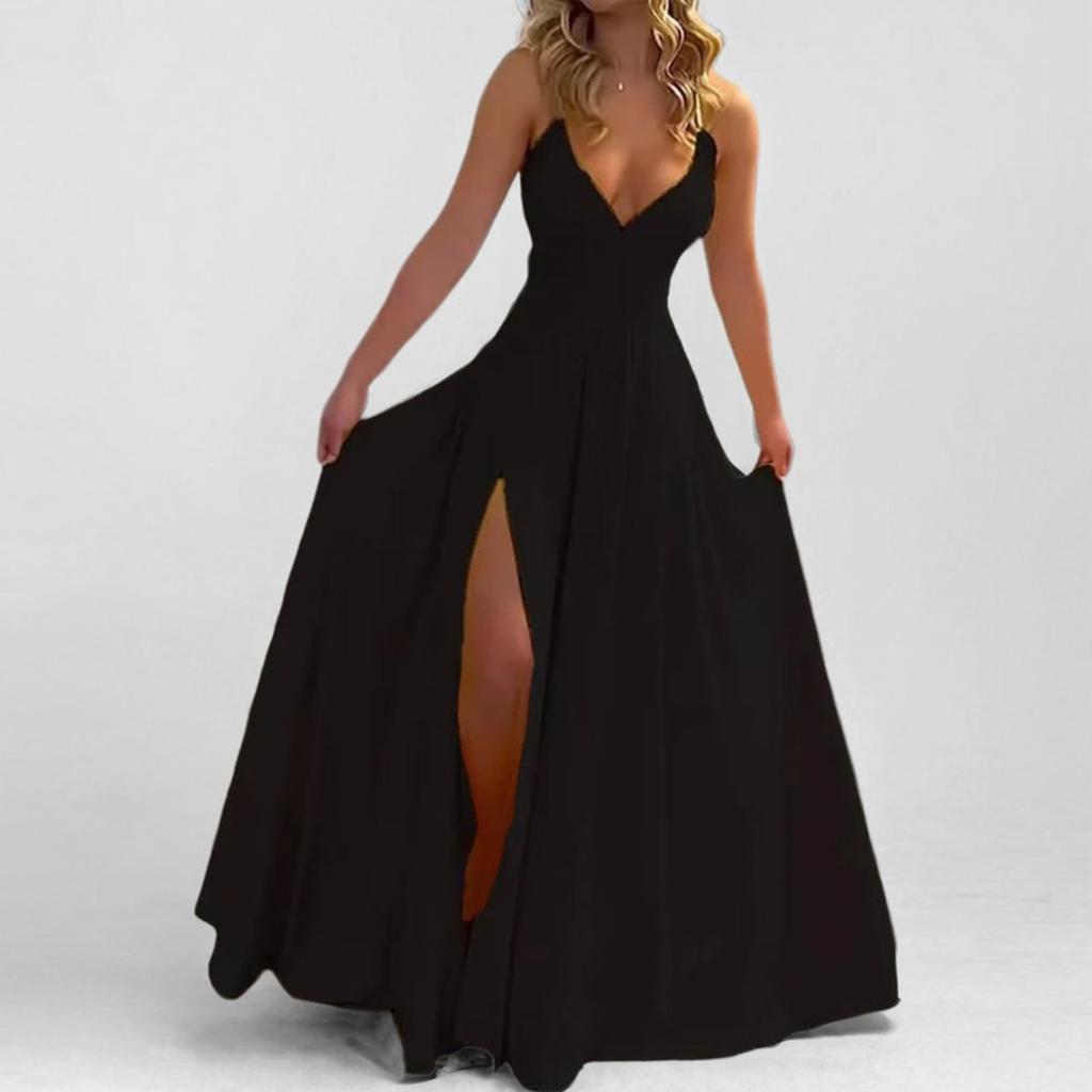 Spring Summer New European American Style Women's Fashion Solid Color Spaghetti Strap Sexy Slim Fit Slit Ruffled Trim Midi Dress