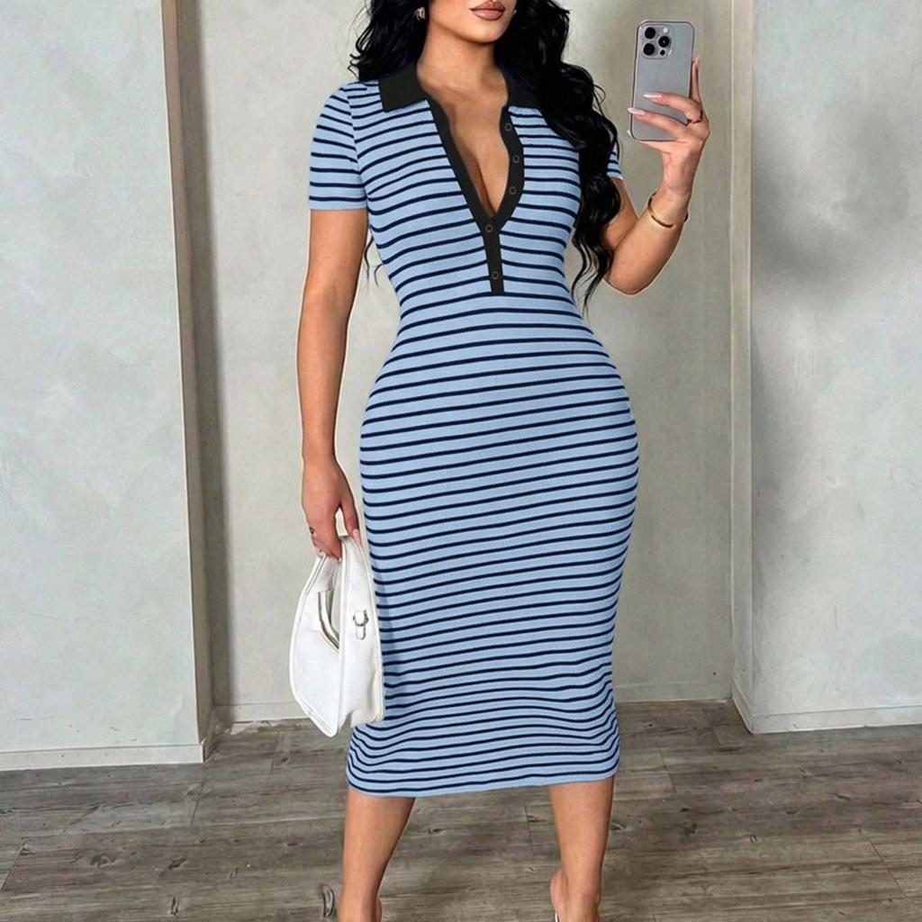 Women's New Polo Collar Striped Slim Fit Bodycon Midi Dress Short Sleeve Casual Stretch Fabric