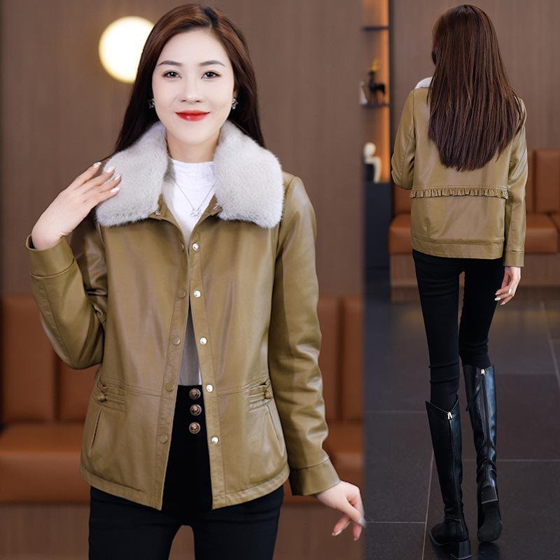 

Women s 2024 Winter Loose Fit Fleece-Lined PU Biker Jacket with Fur Collar 2XL [120-135 cm]