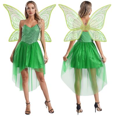 Women 2Pcs Fairy Tale Elf Cosplay Costume Sequin Sling Dress with Wings Halloween Xmas Carnival Festival Party Performance Suit
