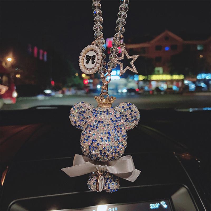 Fashion Crystal Cartoon Gloomy Bear Car Hanging Ornaments Rhinestone Tassels Crystal Pendant Rear View Mirror Car Decoration