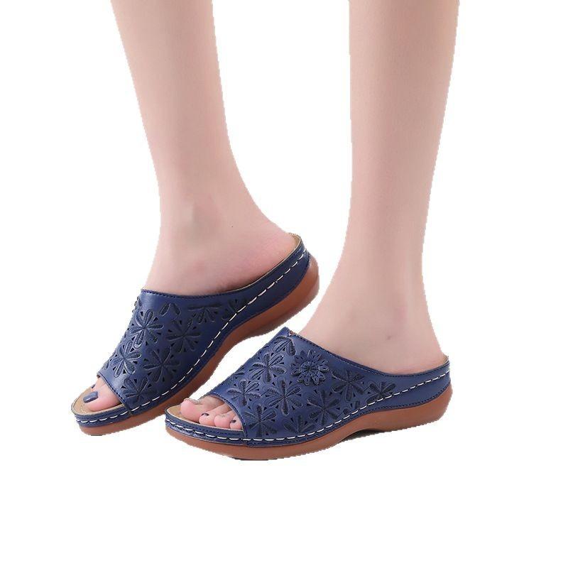 Summer new large size fashion slope heel cool slippers women's hollow flower word cool slippers